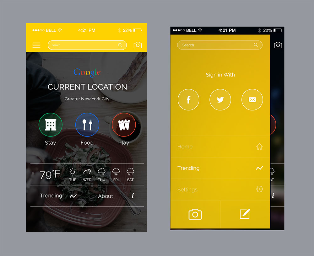 Two smartphone screens showing weather and menu.